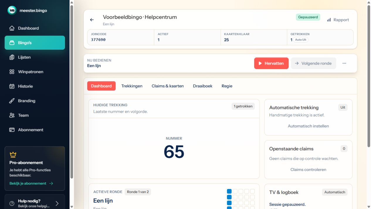 Het echte meester.bingo hostportaal: houd de trekking, deelnemers en rondes bij elkaar